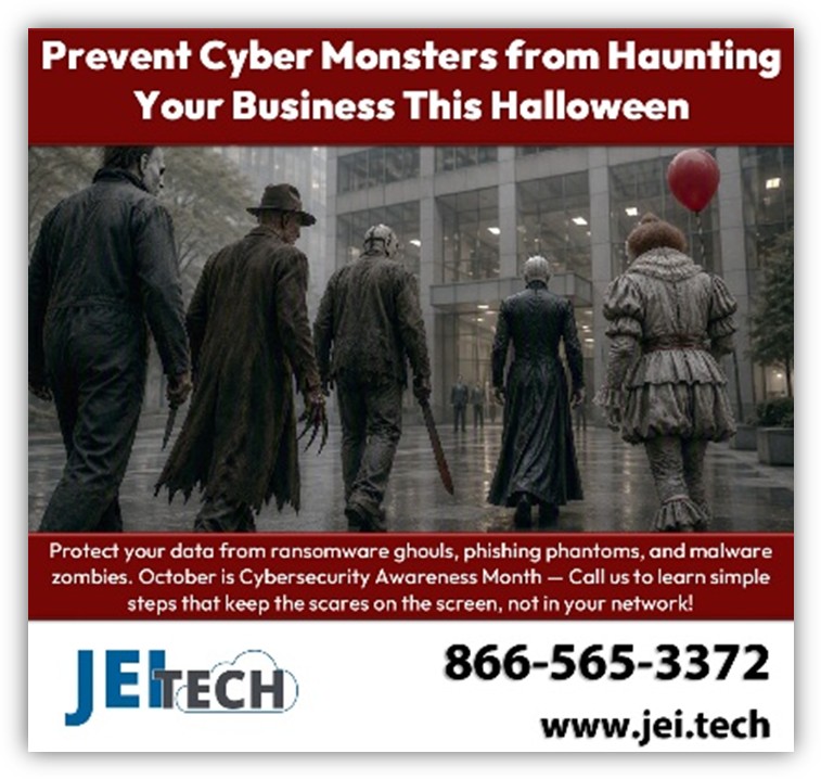 JEITECH Halloween ad urging businesses to protect data from ransomware ghouls, phishing phantoms and malware zombies.