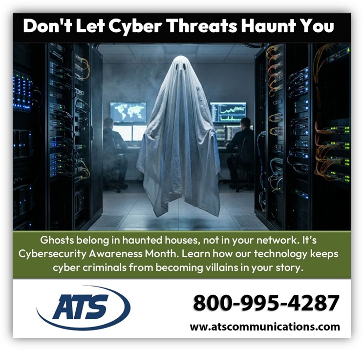 ATS ad with a ghost drifting through a server room, warning that cyber threats haunt networks without proper protection.