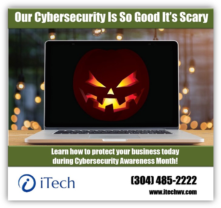 iTech ad: cybersecurity so good it's scary, shown as a jack-o-lantern on a laptop during Cybersecurity Awareness Month.