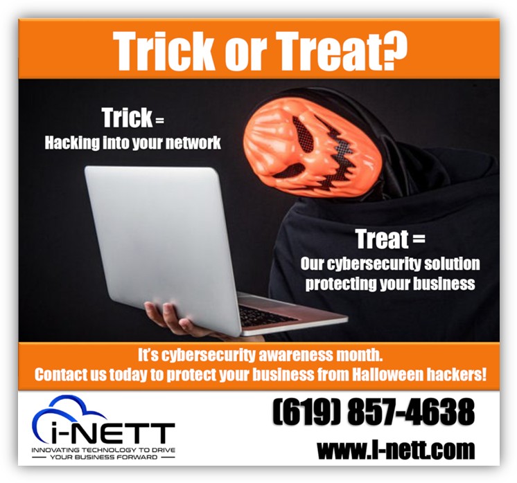 i-NETT Halloween ad: the trick is hackers entering your network, the treat is a cybersecurity solution protecting it.