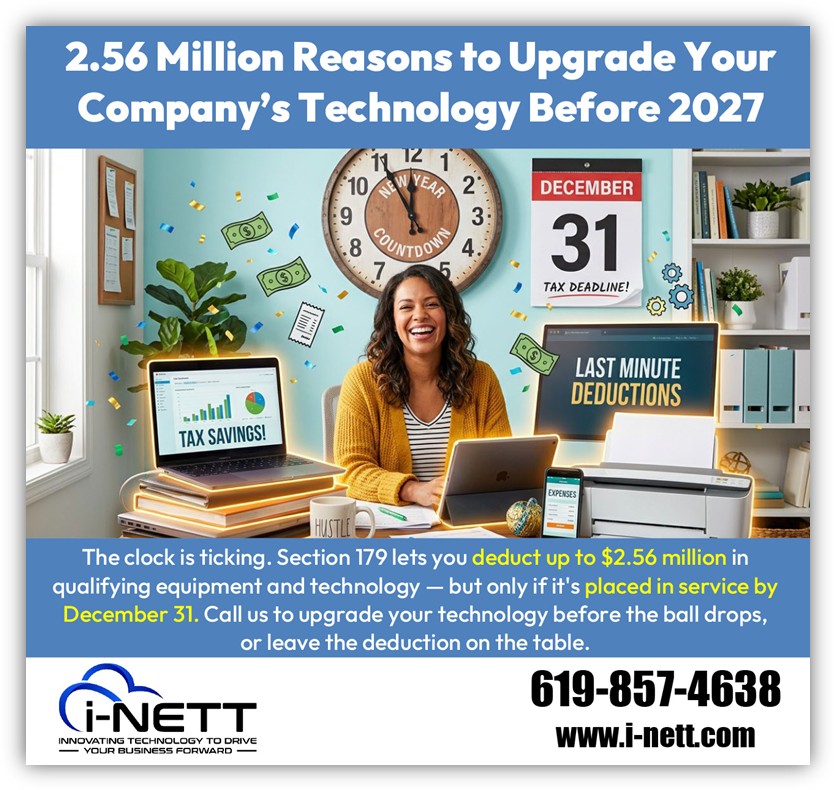 Section 179 ad from i-NETT: a laughing woman at a desk with laptops, a printer and a New Year countdown clock beside a December 31 tax deadline calendar, under the headline 2.56 Million Reasons to Upgrade Your Company's Technology Before 2027.