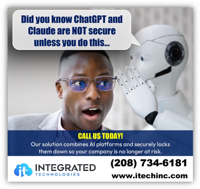 Robot revealing security warning to professional, explaining ChatGPT and Claude require secure AI platform lockdown