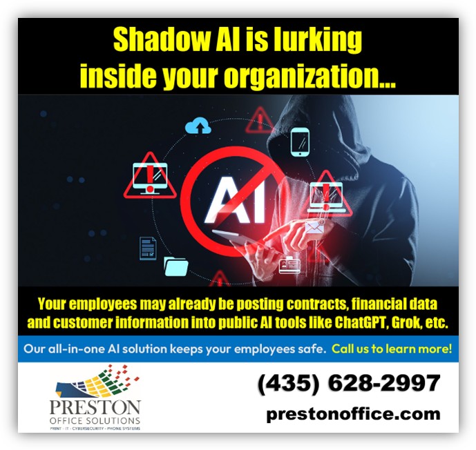 Hooded figure activating Shadow AI warning symbols, showing employees posting contracts and financial data to public AI