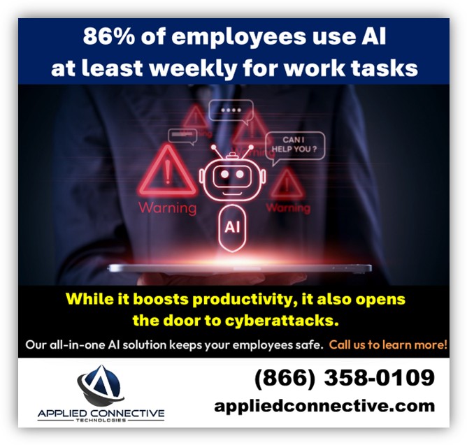 AI chatbot displaying warning symbols on laptop, showing 86% of employees use AI weekly opening door to cyberattacks