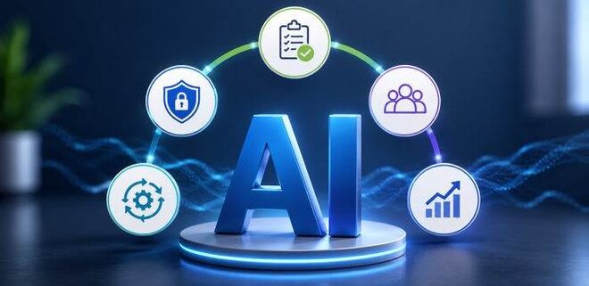 3D blue AI letters on a lit platform ringed by linked icons for security, teamwork, automation, and growth across MSP tools