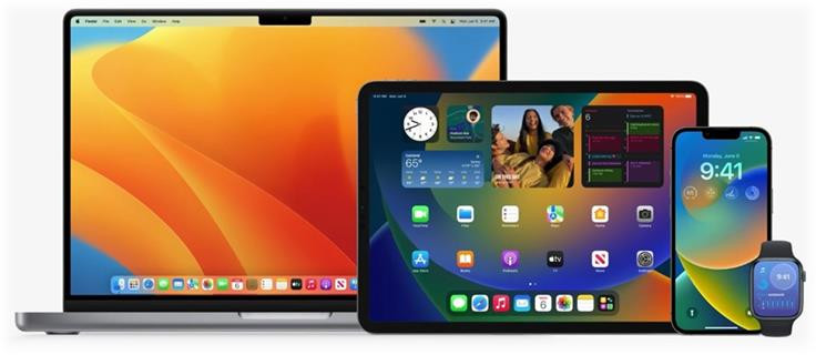 Apple laptop, tablet, iPhone, and smart watch on white background.