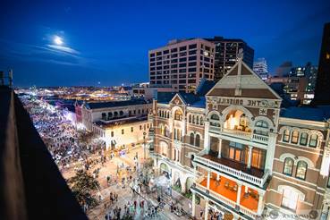 Rooftop View of 6th Street in Austin, TX at Night