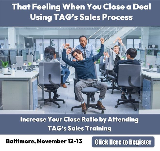 Office team throwing their arms up in celebration beside text about increasing close ratio at TAG's Baltimore sales training