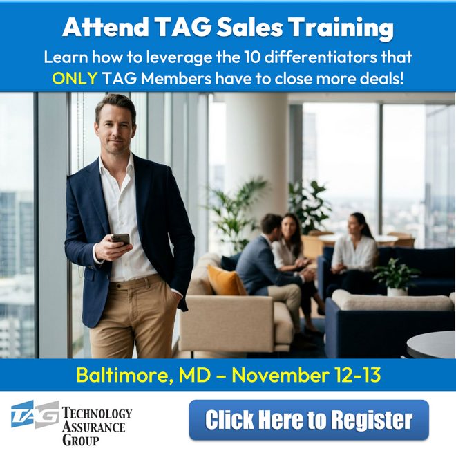 Man in a blazer holding a phone in an office lounge above text: Attend TAG Sales Training, Baltimore, November 12-13