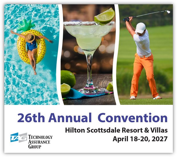 Save the date for the 26th Annual Convention: pool float, margarita and golf imagery above Hilton Scottsdale Resort & Villas, April 18-20, 2027.