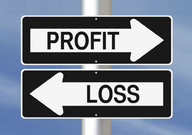 Road signs with arrow pointing to right labeled 'PROFIT' and arrow pointing left labeled 'LOSS'.