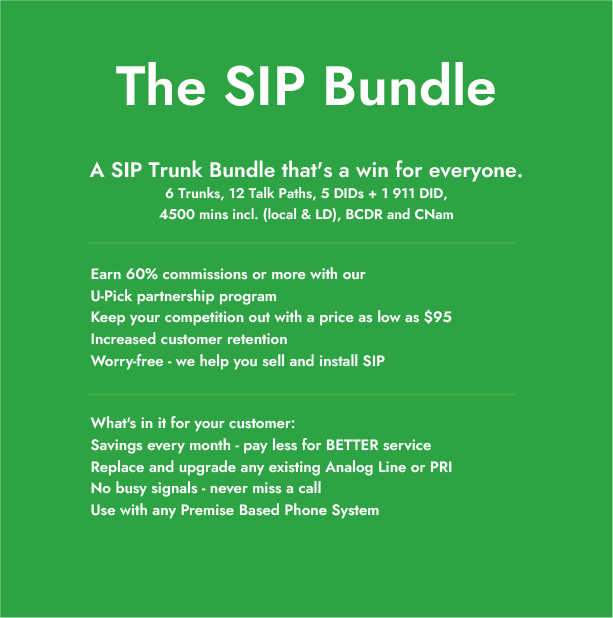 The SIP Bundle: 6 Trunks, 12 Talk Paths, 5 DIDs + 1 911 DID, 4500 mins incl. (local & LD), BCDR and CNam