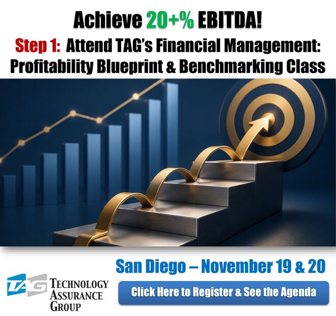 Staircase climbing to a bullseye under the headline Achieve 20+% EBITDA for TAG's Financial Management class in San Diego