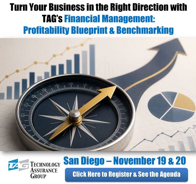 Compass pointing forward over rising bar charts for TAG's Financial Management class in San Diego on November 19-20