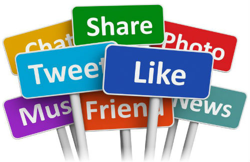 Social Media Networking Concept Group of Colorful Share, Like, Tweet, News Signs