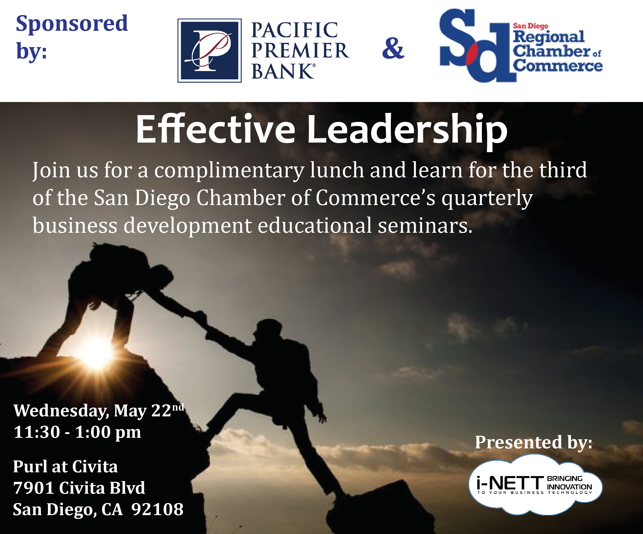 Effective Leadership, Join us for a complimentary lunch and learn for the third of the San Diego Chamber of Commerce's quarterly business development educational seminars. Wednesday, May 22nd 11:30 - 1:00 pm, Purl at Civita 7901 Civita Blvd San Diego, CA 92108