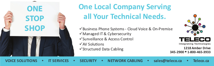 Teleco print Ad:One Local Company Serving all Your Technical Needs. V Business Phone Systems - Cloud Voice & On-premise, V Managed IT & Cybersecurity, V Surveillance & Access Control, VAV Solutions, & V Structured Data Cabling.